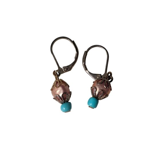 Handcrafted Turquoise & Pink Beaded Leverback Earrings With Silver-Tone Metal Ac - Picture 1 of 2